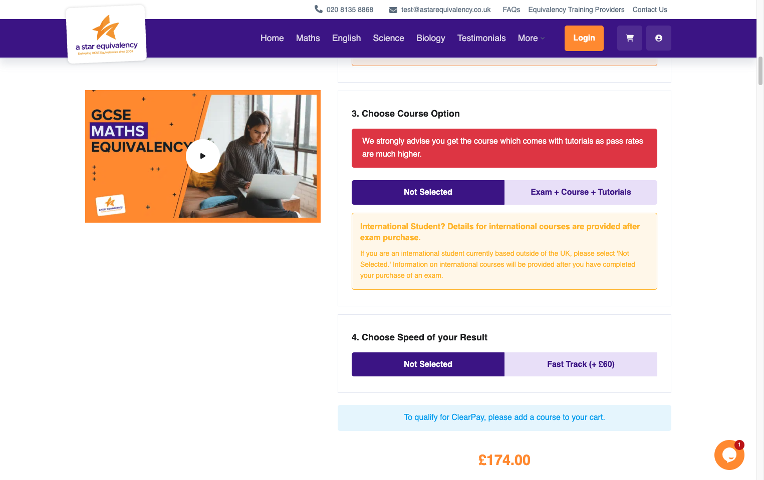 Select whether you would like to add the course to your order.