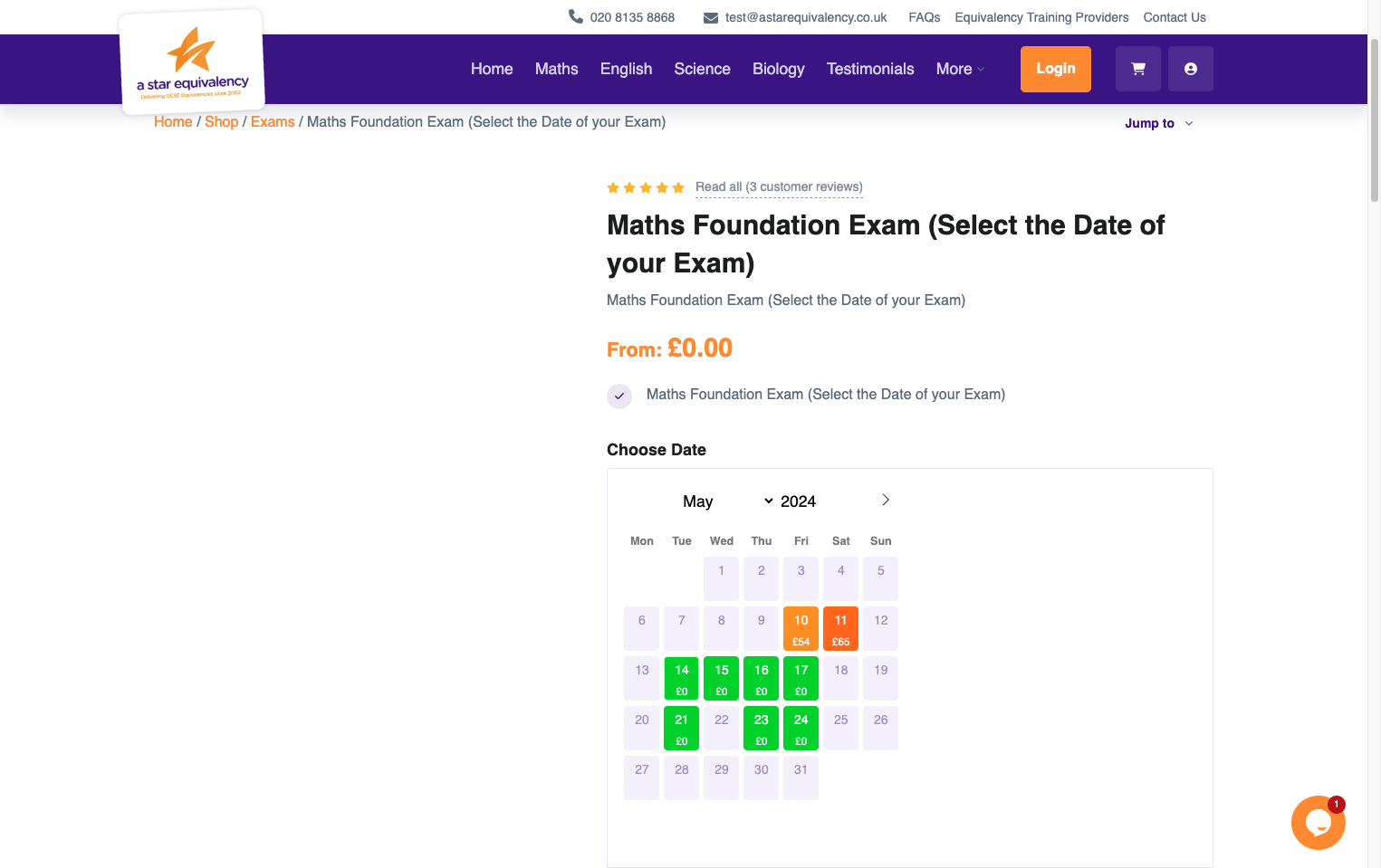 Select the date you would like to sit your exam. Some of the dates are free and others will incur an extra charge due to limited availability.
