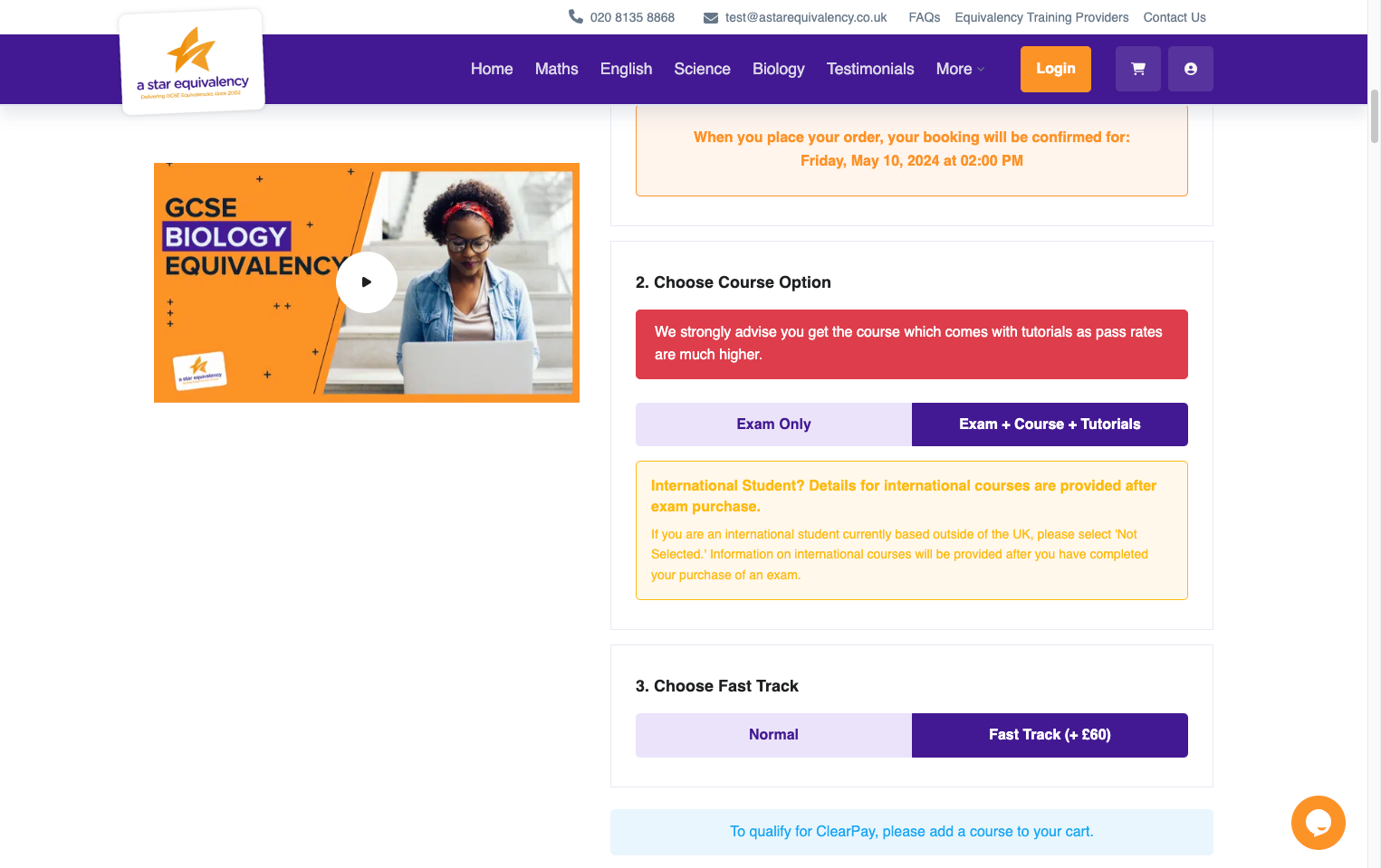 Select whether you would like the course or just the exam.