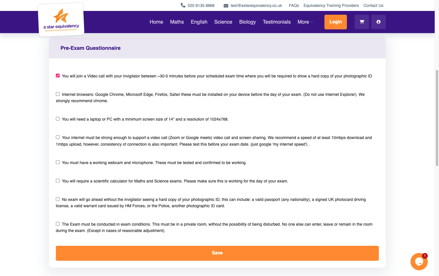 This will bring you to the Pre-Exam Questionnaire. Make sure you read all the instructions an adhere by them on the day of your exam. Failure to do so may result is a rearrangement. Once you have read each one, check the tick box.