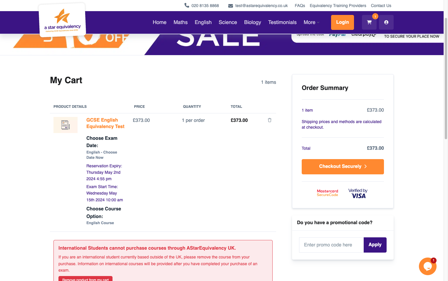 Check that all the details for your exam are correct and then click 'Proceed to Checkout'
