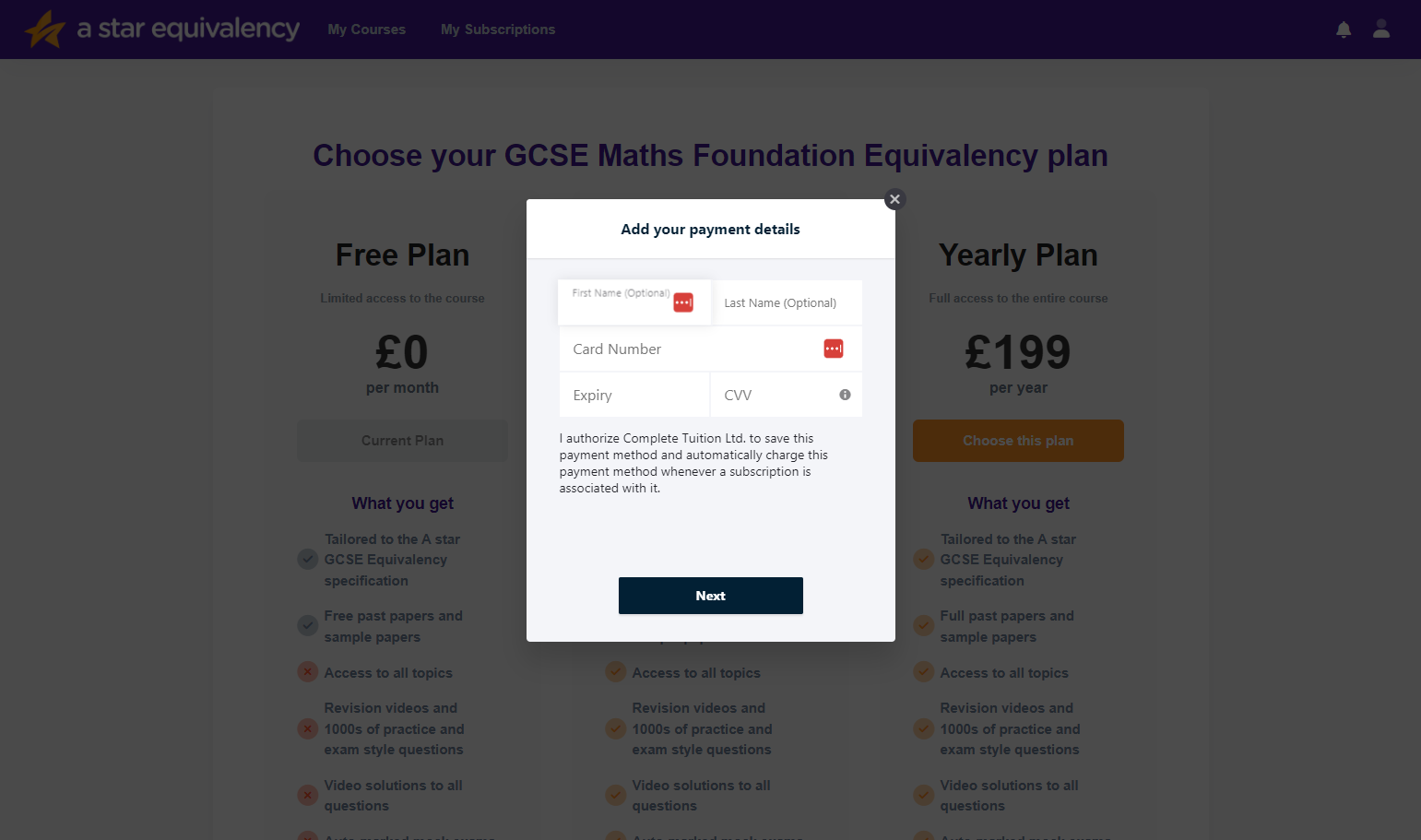 Enter your name and card details in the spaces provided, and then click on Next.