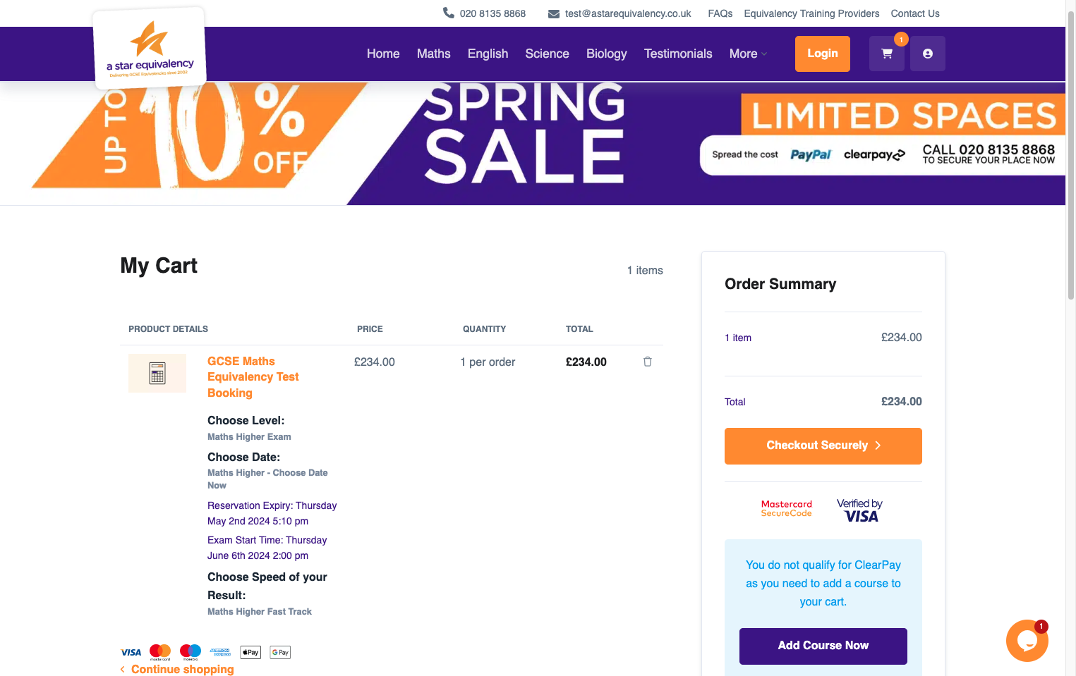 Ensure all your exam choices are right and then click 'Checkout Securely'